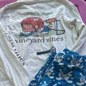VGUC Kids Vineyard Vines Hockey Pajamas Fleece Bottom Long Sleeve Tee Size S